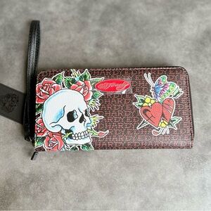 Ed Hardy Floral Skull and Heart Wallet